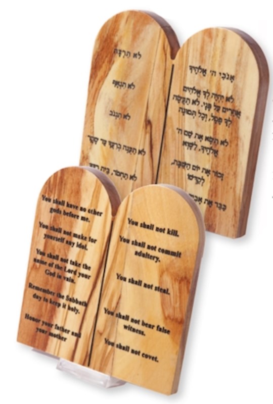 Plaque-Ten Commandments w/Stand (English & Hebrew)-Olive Wood (