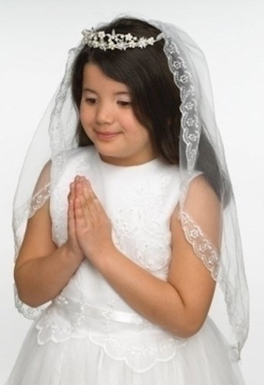 Veil-Communion-Kate Pearl Tiara w/Lace Trim Veil (26")
