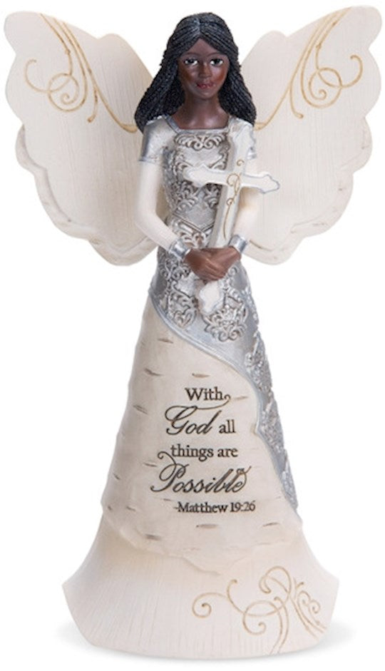 Figurine-Ebony Angel Holding Cross-With God All Things Are Possible (6.5")