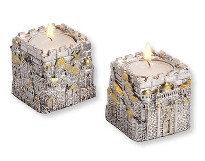 Candle Holder-Jerusalem City Cubic-Silver-Plated Polyresin (Pack Of 2) (
