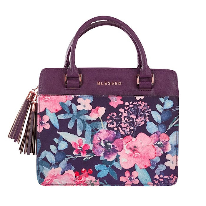 Bible Cover-Blessed-Purple Floral Faux Leather Purse-Style-Medium