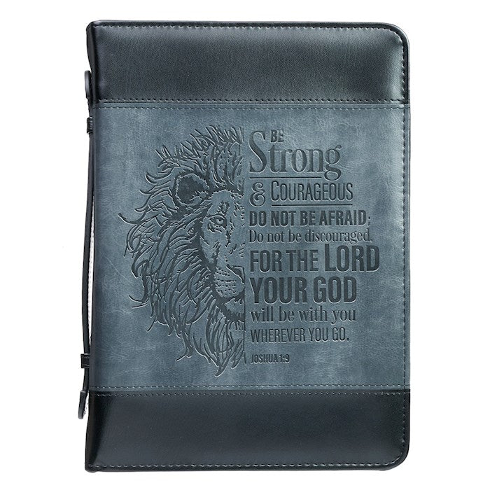 Bible Cover-Be Strong And Courageous (Joshua 1:9)-Gray & Black Classic-Medium