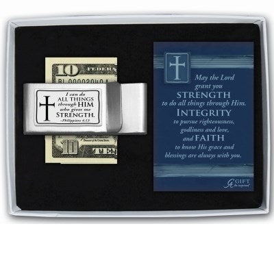 Money Clip W/Card-I Can Do All Things-Silver (2")