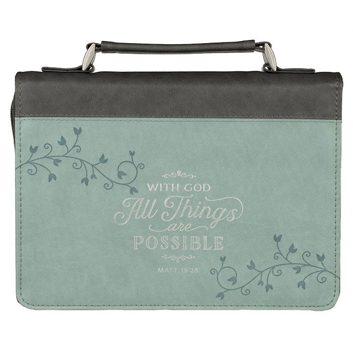 Bible Cover-With God All Things Are Possible (Matthew 19:26)-Light Blue Faux Leather Fashion-Large