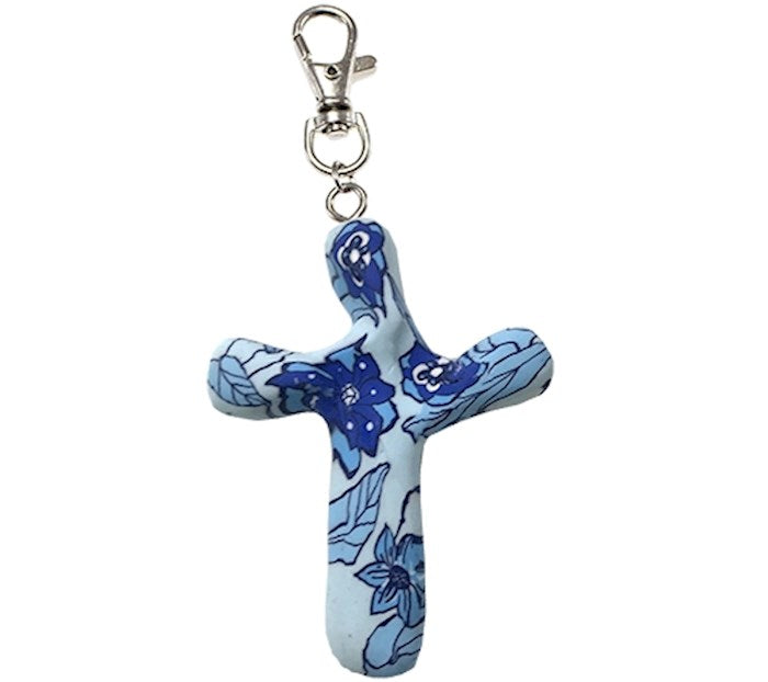 Cross-Keychain-Comforting Clay-Blue Garden (3" H)