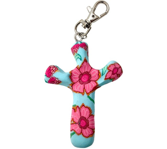 Cross-Keychain-Comforting Clay-Pink Garden (3" H)