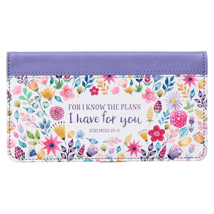 Checkbook Wallet-For I Know The Plans (Jeremiah 29:11)-Turquoise & Floral Faux Leather