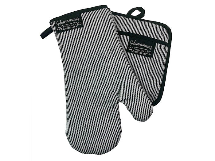Oven Mitt & Pot Holder Set-Black/White Pinstripe (Set Of 2)