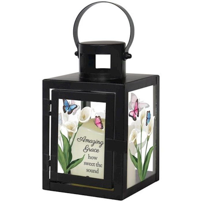Lantern w/Flameless LED Candle & Timer-Amazing Grace (4" x 9.5" x 4")