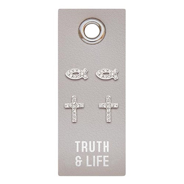 Earrings-Truth & Life/2 Sets Of Studs On Leather Tag