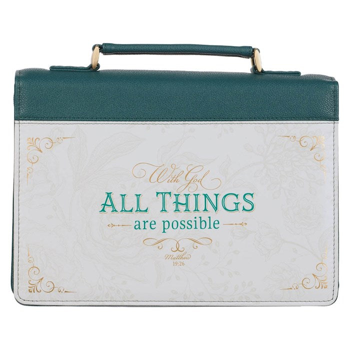 Bible Cover-With God All Things Are Possible (Matthew 6:19)-Teal Tourmaline Faux Leather Fashion-Large
