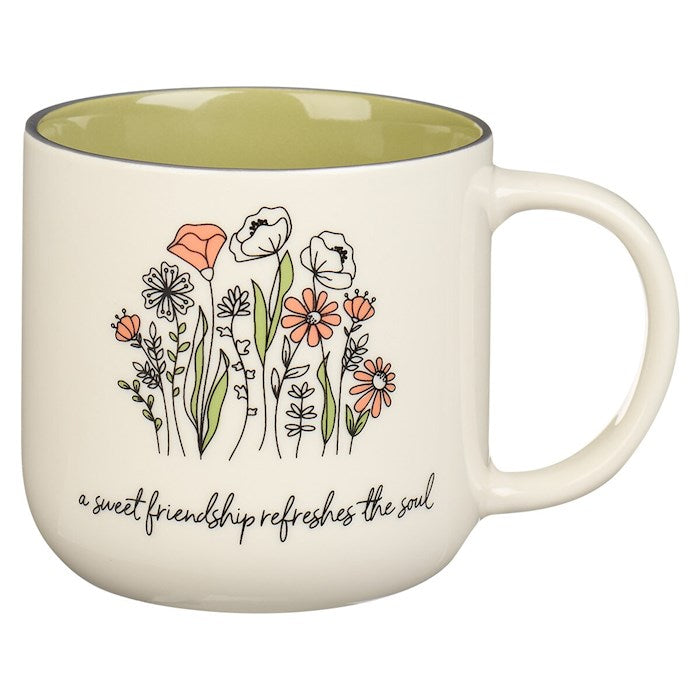 Mug-A Sweet Friendship Refreshes The Soul (Proverbs 27:9)-Green/White Floral (MUG946)