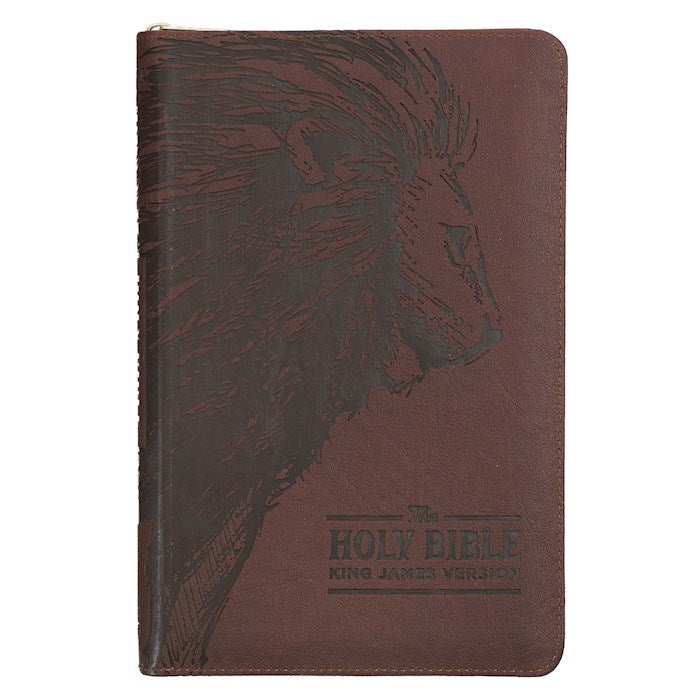 KJV Deluxe Gift Bible-Walnut Brown Lion Faux Leather Indexed w/Zipper