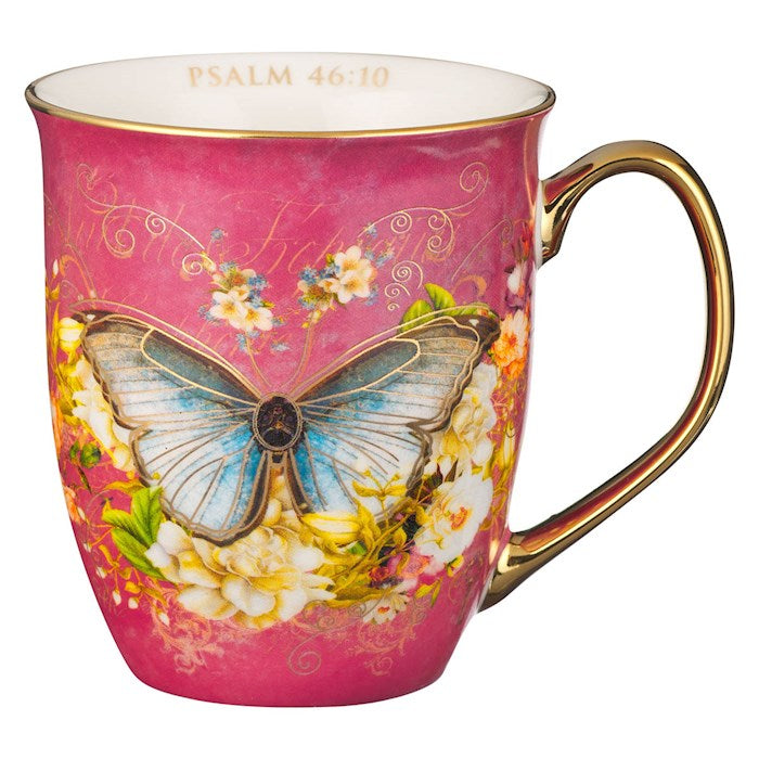 Mug-Be Still And Know (Psalm 46:10)-Pink/White Butterfly (MUG1018)