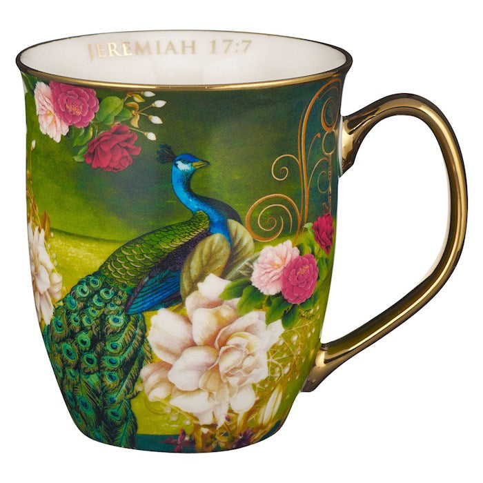 Mug-Blessed (Jeremiah 17:7)-Blue/White Peacock (MUG1019)
