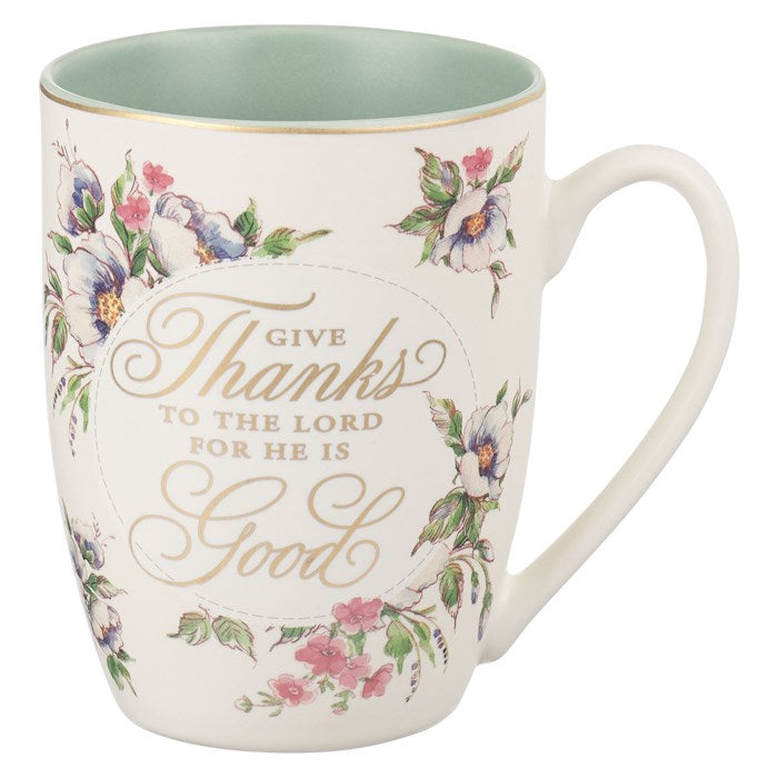 Mug-Give Thanks To The Lord (Psalm 107:1)-Cream/Green Floral (MUG988)