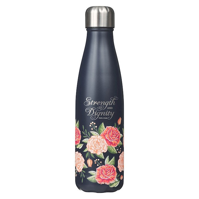 Water Bottle-Strength & Dignity (Proverbs 31:25)-Navy/Pink Floral Stainless Steel