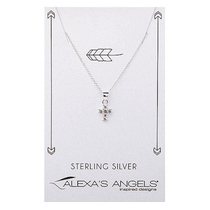 Necklace-Tiny Silver Cross W/ Clear Crystals-Silver (18")