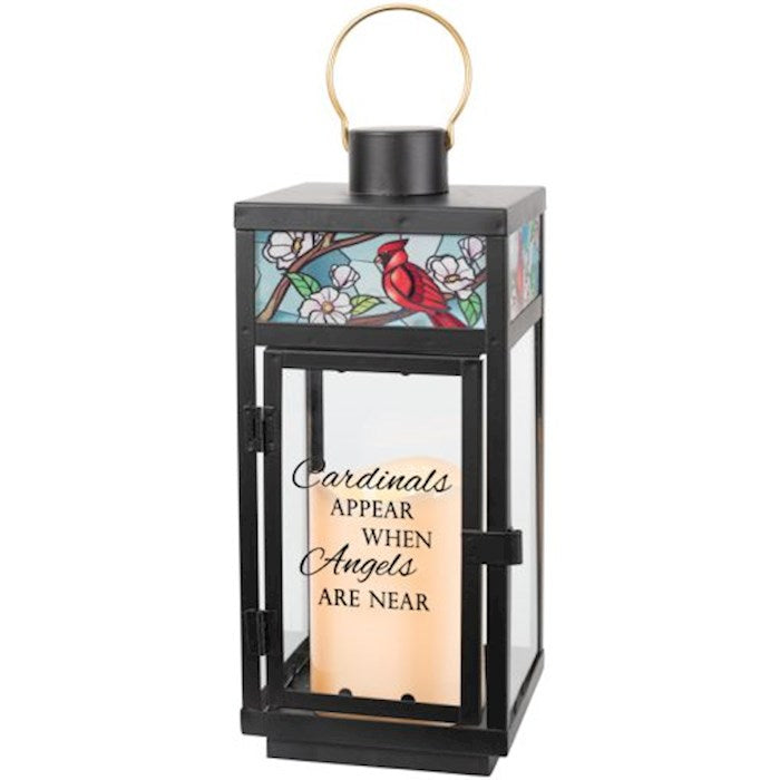 Lantern w/Flameless LED Candle & Timer-Stained Glass/Cardinals Appear (12" x 4.25" x 4.25")