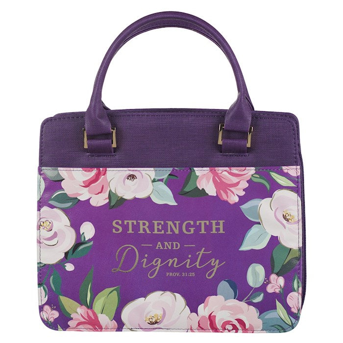 Bible Cover-Strength And Dignity (Proverbs 31:25)-Purple Floral Purse-Style-Medium