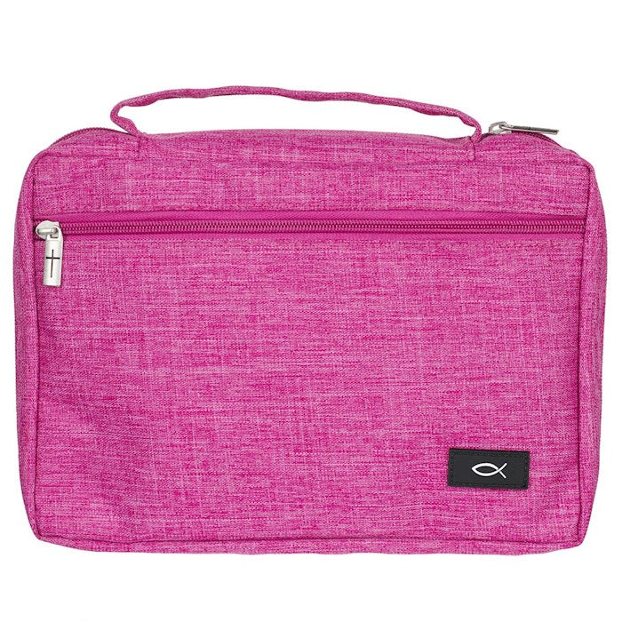 Bible Cover-Poly Canvas Value With Ichthus-Raspberry Pink-Large