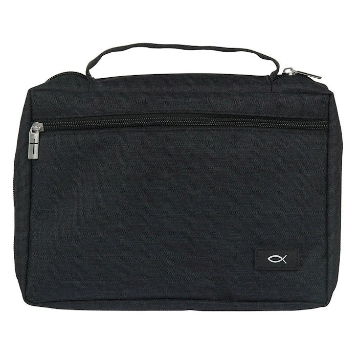 Bible Cover-Poly Canvas Value With Ichthus-Jet Black-Medium