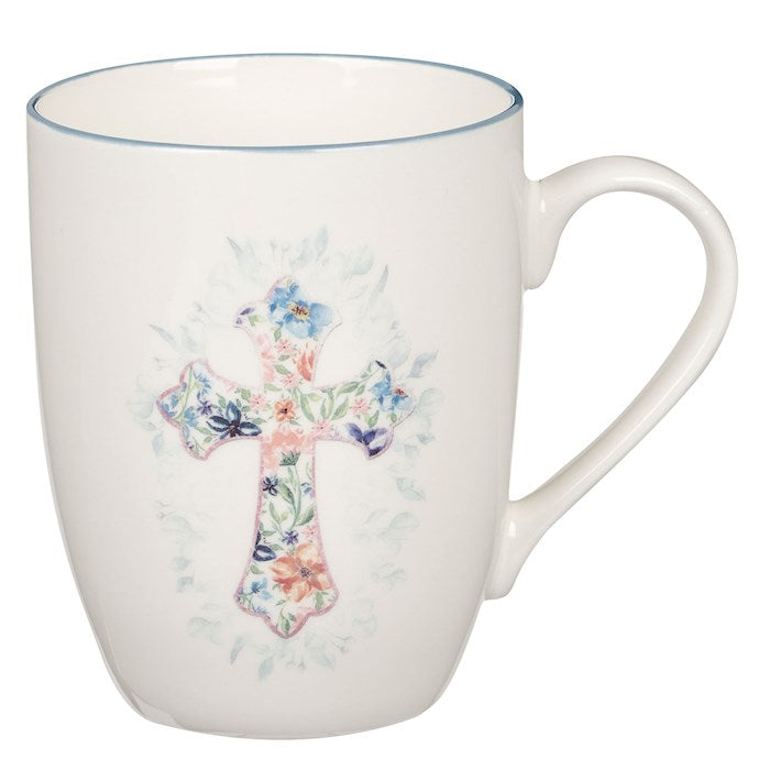 Mug-Budget-Blue Floral Cross-White (MUG1062)