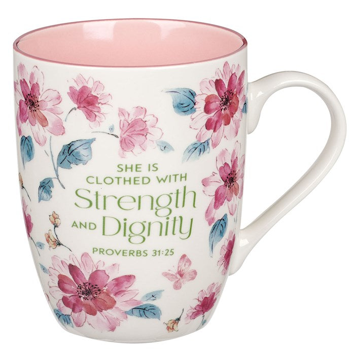Mug-Budget-Strength & Dignity (Proverbs 31:25)-Pink Floral (MUG1063)