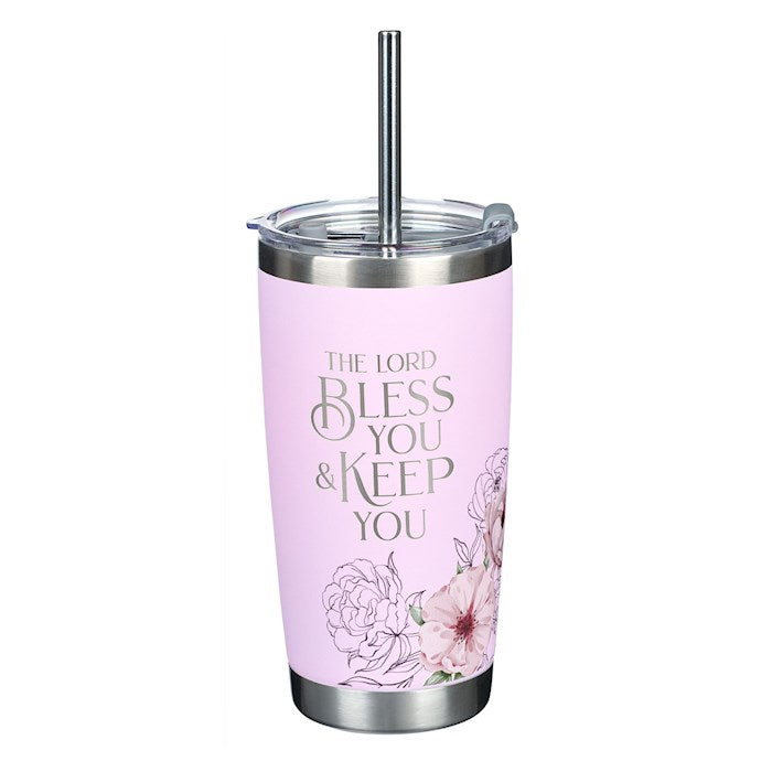 Stainless Steel Tumbler-Pink W/ Straw-Lord Bless & Keep You-Num. 26