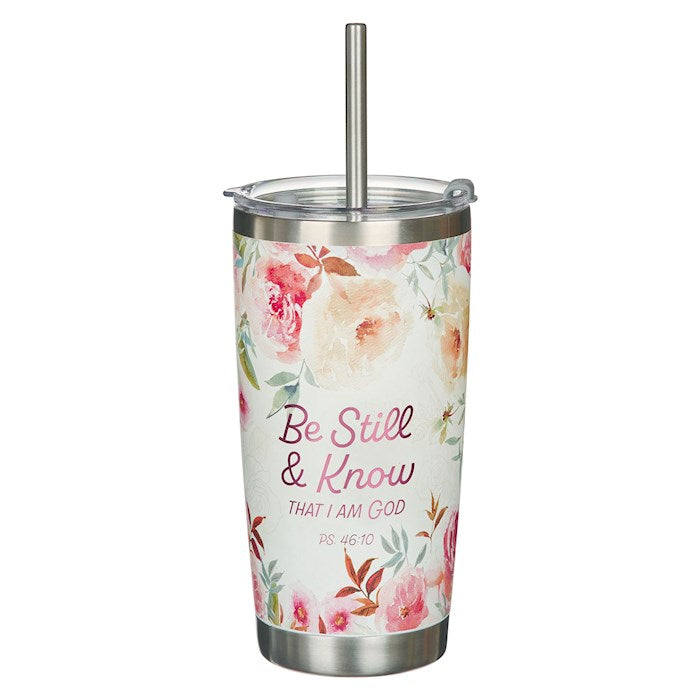 Tumbler-Be Still (Psalm 46:10)-Peach Stainless Steel w/Straw