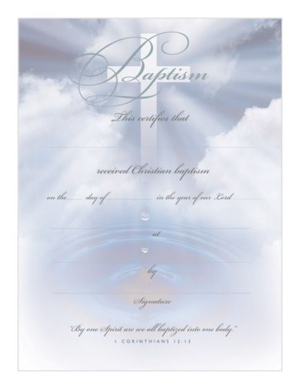 Certificate-Baptism/Clouds (1 Corinthians 12:13) (Silver Foil Embossed Premium Stock) (Pack Of 6)
