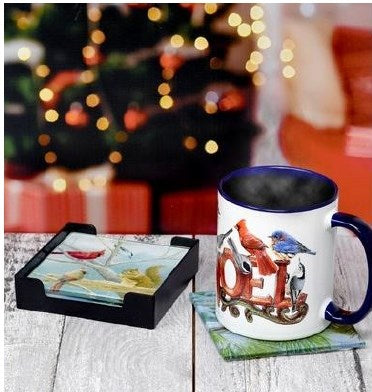 Glass Coaster Set w/Tray-Winter Birds (Set Of 4)