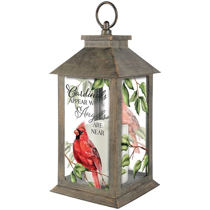 Lantern w/LED Candle & Timer-Cardinals Appear-Brown (13" x 5.5" x 5.5")