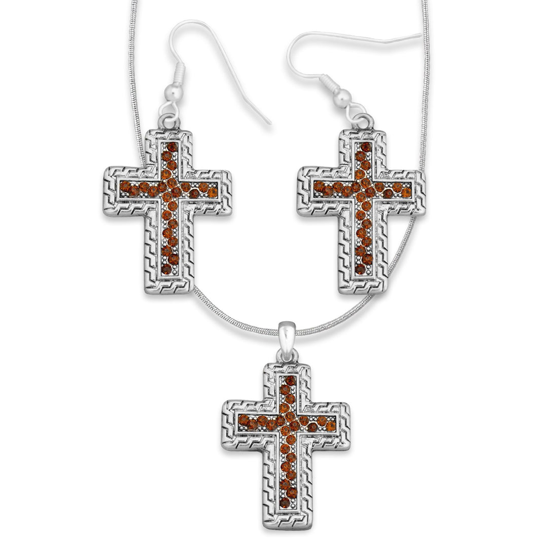 Necklace & Earring Set-Staggered Stone Cross/Brown (18" Chain w/3" EXT)
