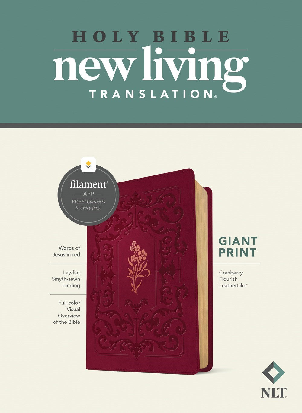 NLT Giant Print Bible Filament-Enabled Edition-Cranberry Flourish LeatherLike
