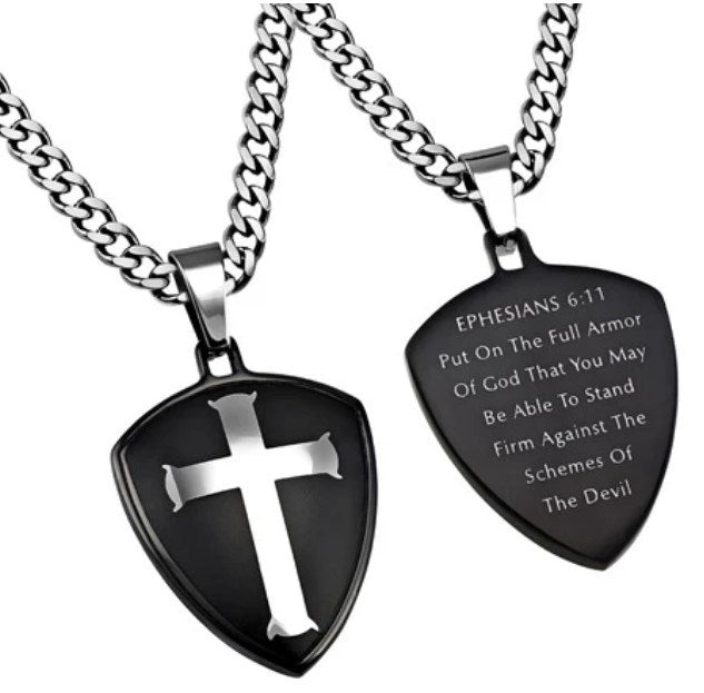 Necklace-Shield/Cross Black-Armor Of God (Mens) (24&quot;)