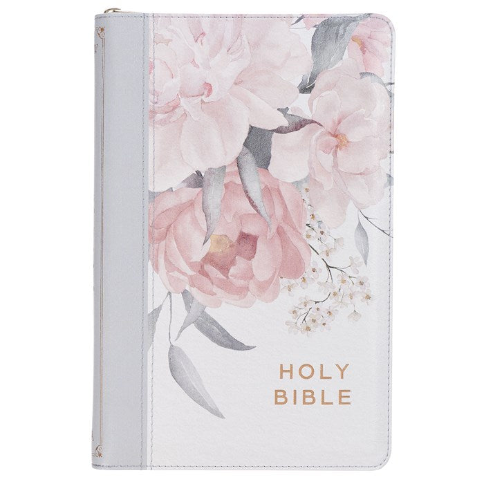 KJV Deluxe Gift Bible-Gray &amp; Pink Floral Faux Leather Indexed w/Zipper