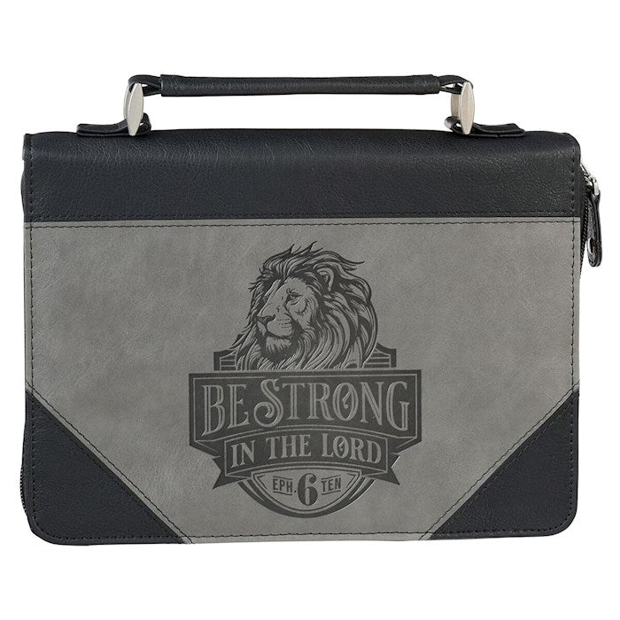 Bible Cover-Be Strong In The Lord (Ephesians 6:10)-Black/Gray Lion Faux Leather Classic-Large