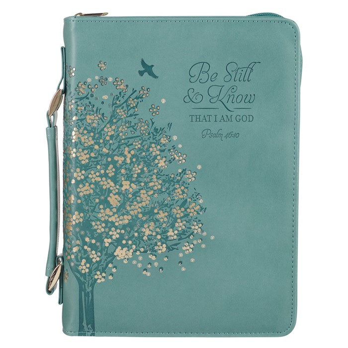 Bible Cover-Be Still &amp; Know (Psalm 46:10)-Teal Faux Leather Fashion-Large