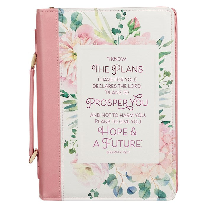 Bible Cover-I Know The Plans (Jeremiah 29:11)-Pink Bouquet Faux Leather Fashion-Medium