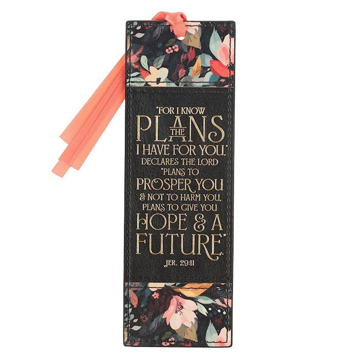 Bookmark-For I Know The Plans/Hope &amp; A Future (Jeremiah 29:11)-Midnight Botanical Faux Leather