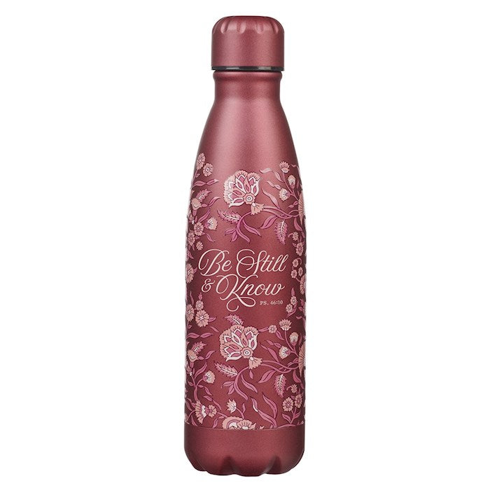 Water Bottle-Be Still &amp; Know (Psalm 46:10)-Plum Floral Stainless Steel (17 oz)
