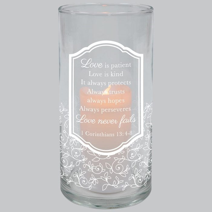 Hurricane Candle-Flameless Flicker-Love Is Patient w/ Timer (7.25" x 3.5")