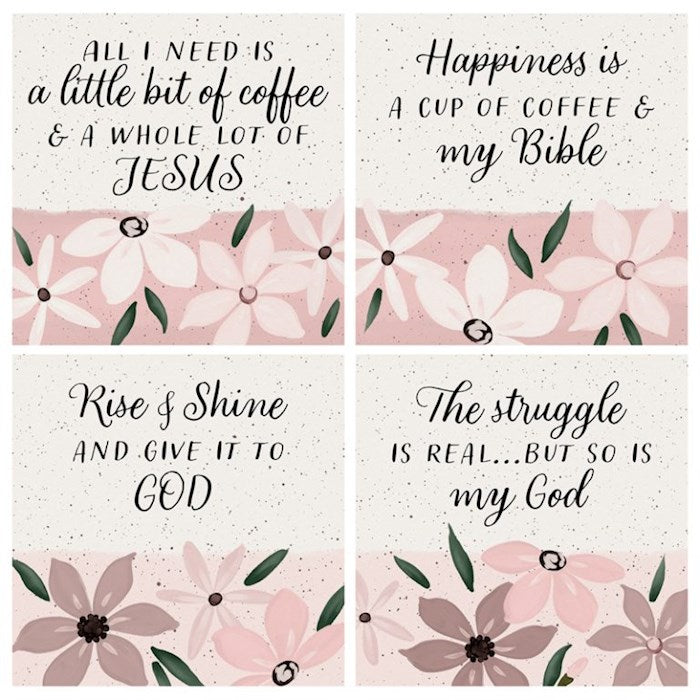 Square House Coasters-Religious Pink Floral (Set Of 4) (4")