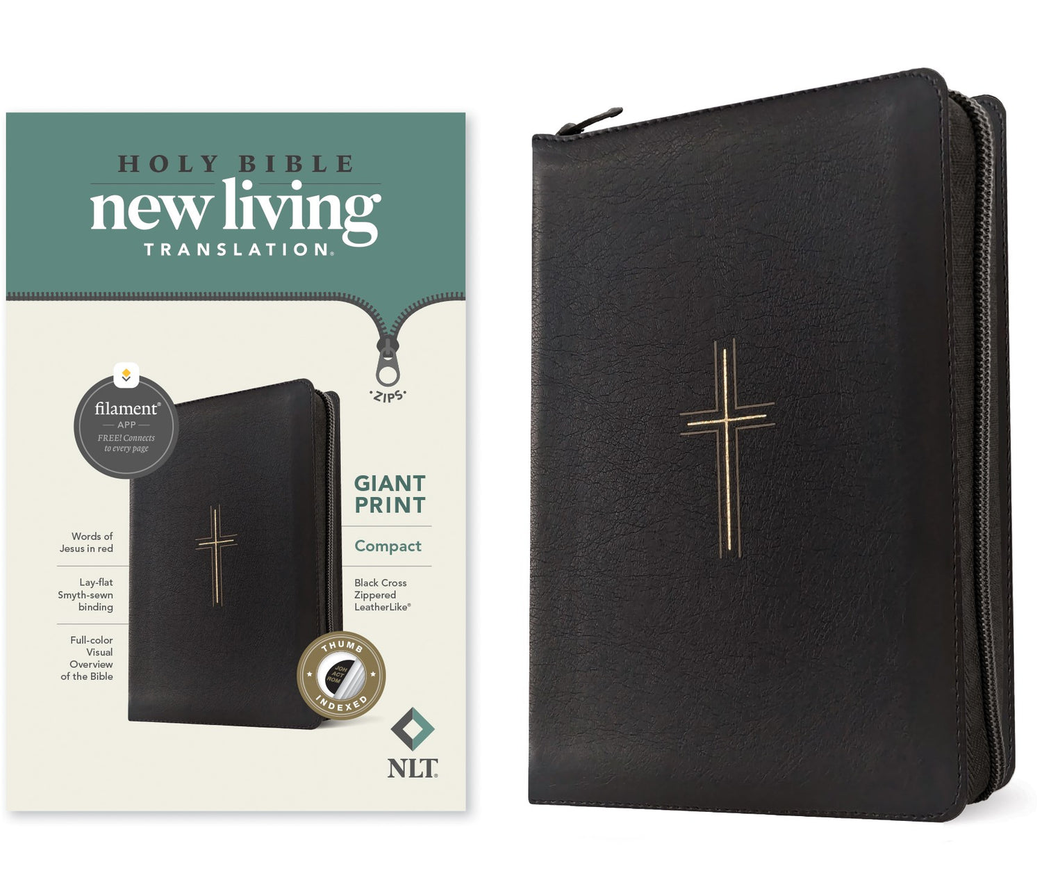 NLT Compact Giant Print Zipper Bible  Filament-Enabled Edition-Black Cross Leatherlike Indexed