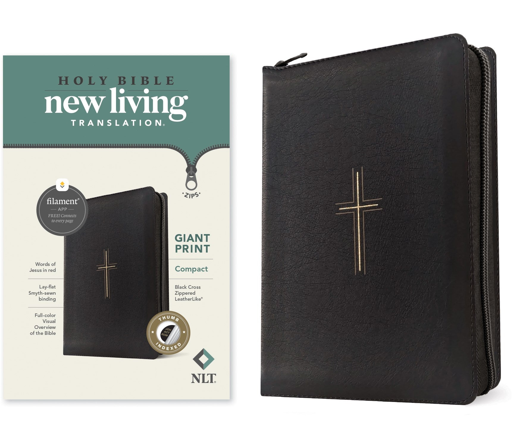 NLT Compact Giant Print Zipper Bible  Filament-Enabled Edition-Black Cross Leatherlike Indexed