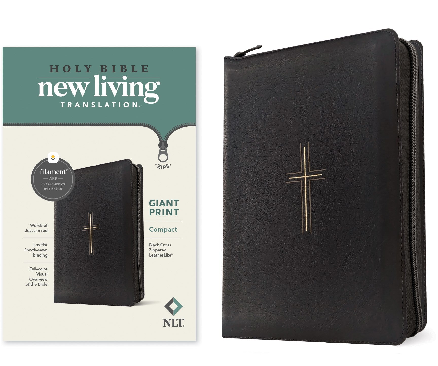 NLT Compact Giant Print Zipper Bible  Filament-Enabled Edition-Black Cross Leatherlike