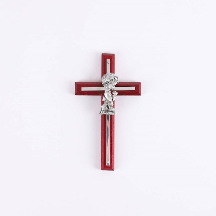 Wall Cross-Praying Boy-Cherry &amp; Stainless (6.65"L)