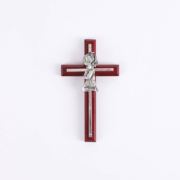 Wall Cross-Praying Girl-Cherry &amp; Stainless (6.65"L)
