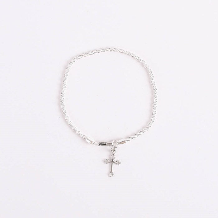 Bracelet-Twisted Rope With Cross Charm-Rhodium (7.25")